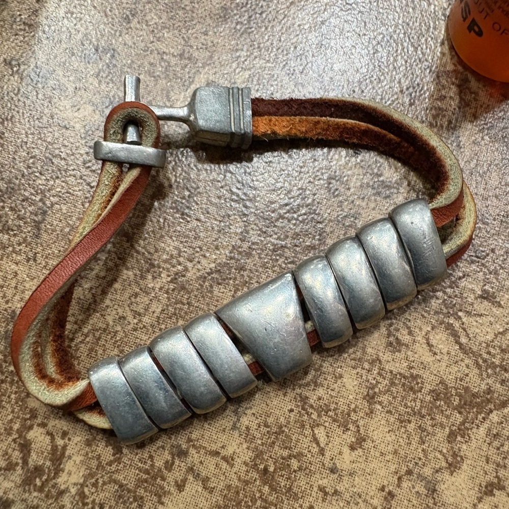 Women’s Leather Bracelet w/ Pewter Beads | Toggle Clasp | Rustic Boho